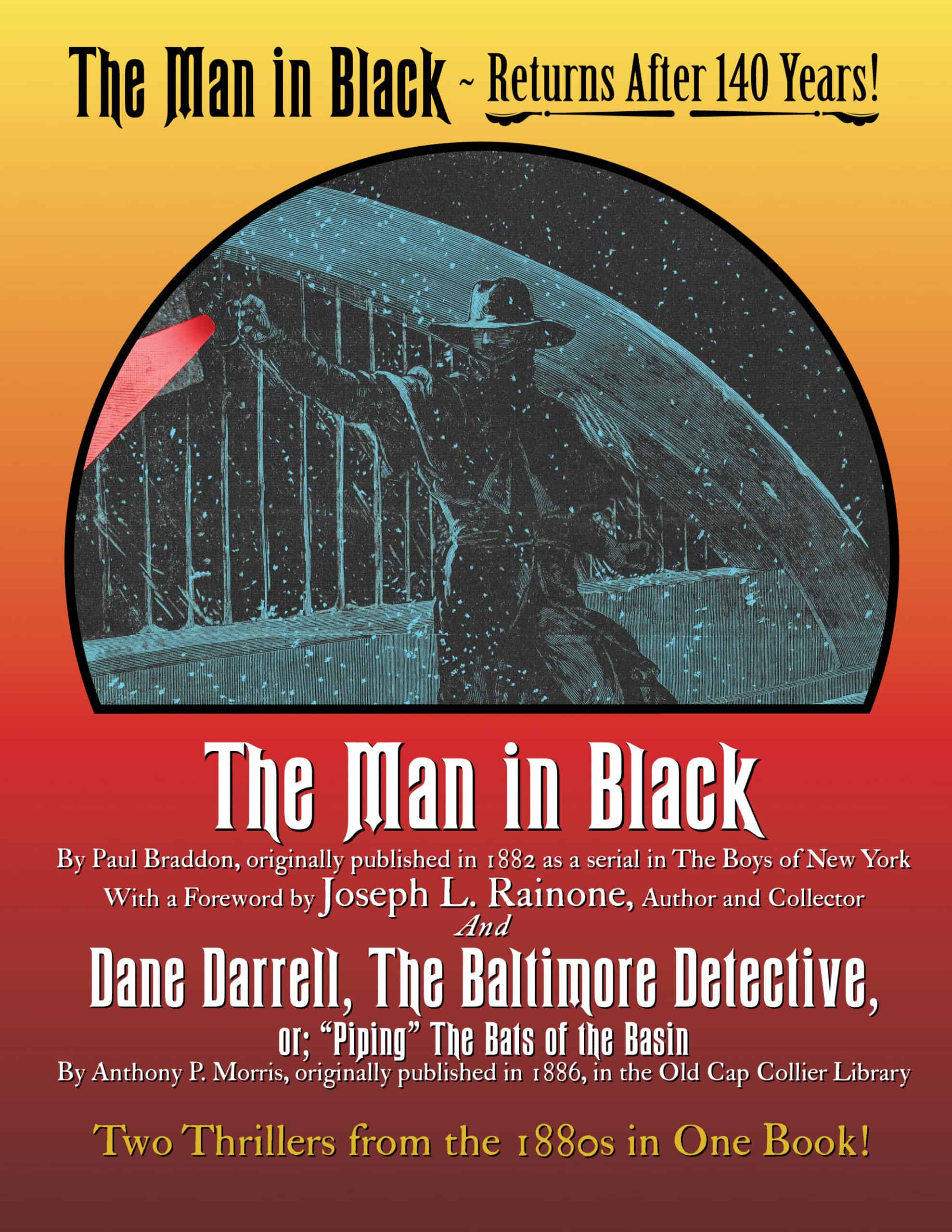 Vintage illustration of a mysterious man in black with a hat, set against a starry night sky.