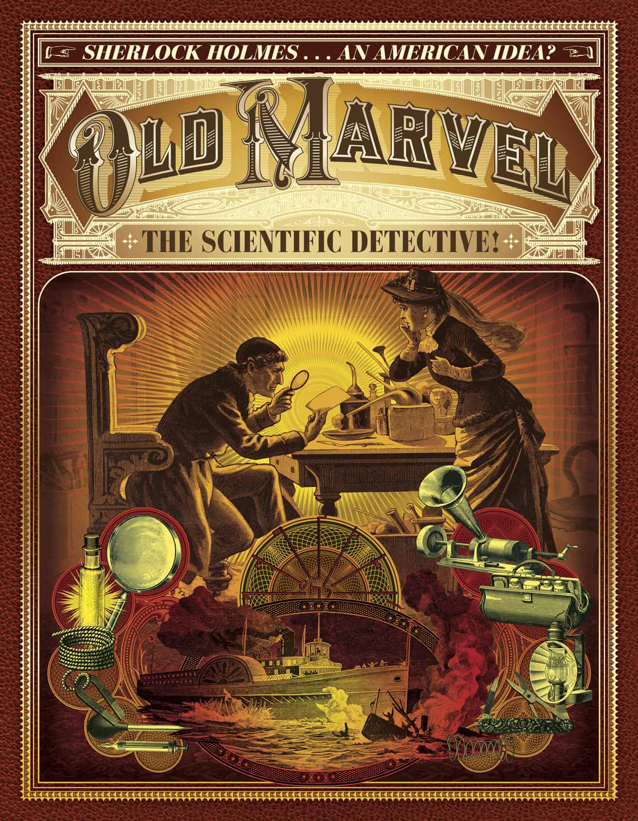 The Scientific Detective Vintage Sherlock Holmes-themed detective illustration with scientific tools and laboratory scene.