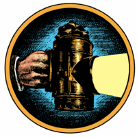 Vintage lantern with a hand holding a mug, symbolizing storytelling.